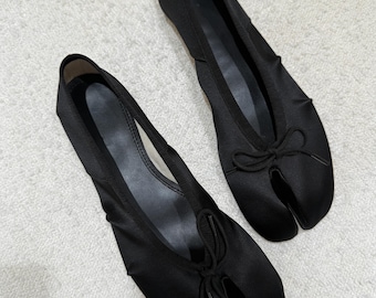 Satin Split Toe Heels Black Tabi Mary Jane Flats with Bow Low Heel Balletcore Shoes