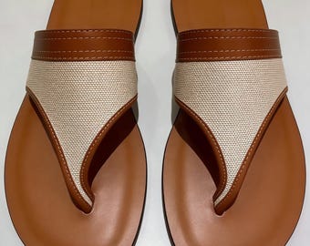 Damen Canvas Leder Flip Flops, String Sandalen mit gepolstertem Fußbett, lässige Sommer Strandschuhe zum Spazierengehen