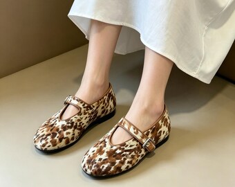 Vintage Mary Jane Shoes, Leather Flats, Handmade T-Strap Loafers, Retro Everyday Footwear, Gift for Women
