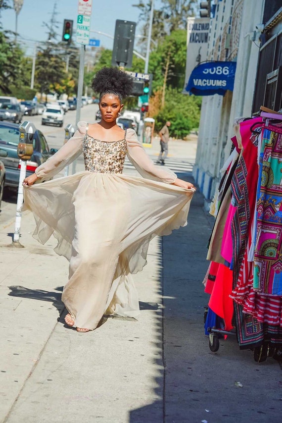 Vintage Creamy Sequins Gown