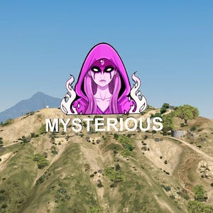 May include: A digital graphic of a hooded figure with a pink and purple color scheme, set against a mountain landscape. The word "MYSTERIOUS" is displayed below the figure. The sky is a clear blue.