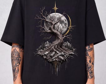 Gothic Moon Oversized Unisex Tree T-Shirt, Dark Fantasy Vintage Celestial Nature Graphic Tee