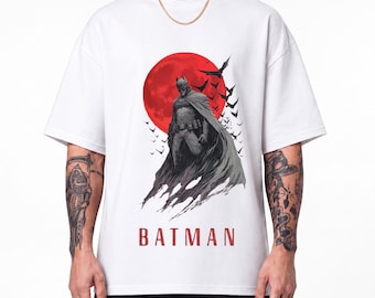 Batman Dark Knight Oversized Unisex T-Shirt, Red Moon Vigilante Graphic Tee
