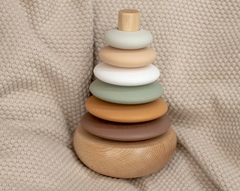 Silicone + Wood Rocking Ring Stacking Toy (Woodland)