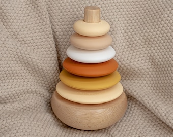 Silicone + Wood Rocking Ring Stacking Toy (Candy Corn)