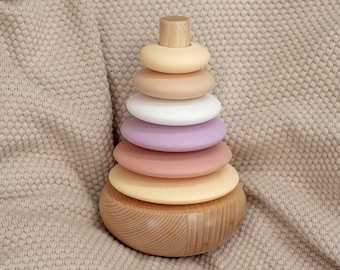 Silicone + Wood Rocking Ring Stacking Toy (Blossom)