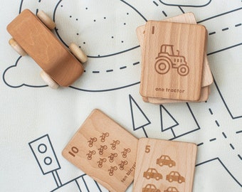 Wooden Number Flashcards (Transport) / Beech Wood Learning Cards / Counting Cards
