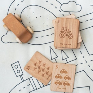 Flashcards numériques en bois (transport) / Cartes d'apprentissage en bois de hêtre / Cartes à compter