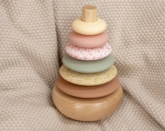 Silicone + Wood Rocking Ring Stacking Toy (Wildflower)