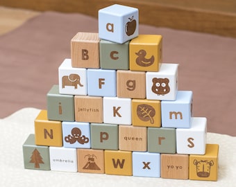 Wooden Alphabet Block Set: Engraved Beech Wood, A-Z
