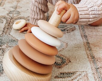 Silicone + Wood Rocking Ring Stacking Toy (Sandstone)