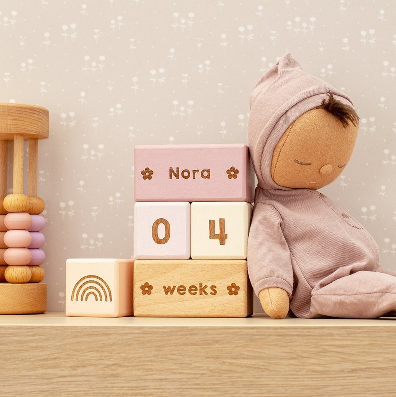 Wooden Baby Milestone and Name Block Set Custom Colours / Milestone Cards / Age Blocks / Month Blocks / Photo Blocks image 1