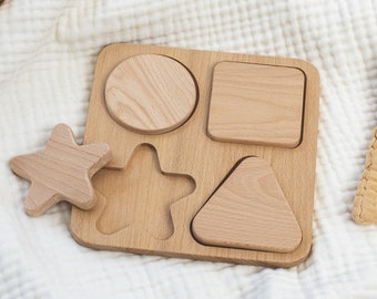 Rompecabezas de formas de madera de haya: juguete natural para bebés