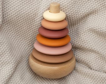 Silicone + Wood Rocking Ring Stacking Toy (Desert)