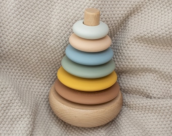 Silicone + Wood Rocking Ring Stacking Toy (Coast)