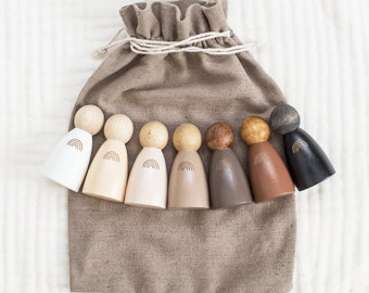 Rainbow Peg Dolls: Inclusive Wooden Figures, Natural Play Set