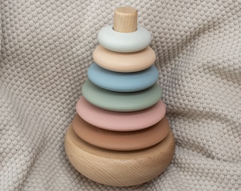 Silicone + Wood Rocking Ring Stacking Toy (Meadow)