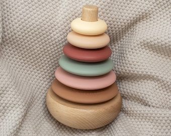 Silicone + Wood Rocking Ring Stacking Toy (Rosebud)