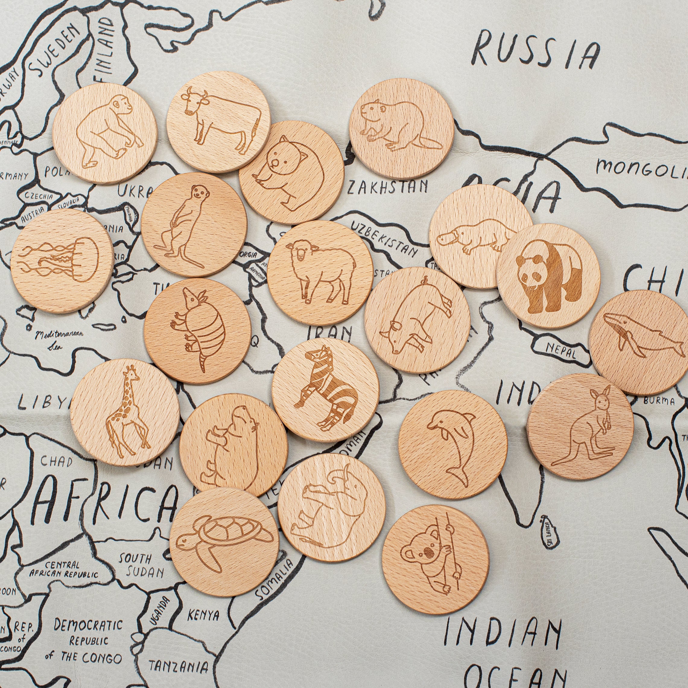 Wooden 'Animals of the World' Dots / Wooden Coins / Wooden Animal Game / World Animals