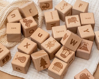 Wooden Alphabet Block Set / Wooden Letter Blocks / Wooden Picture Blocks