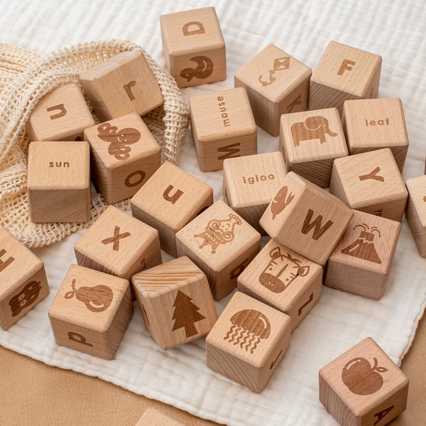 Ensemble de blocs alphabet en bois / Blocs de lettres en bois / Blocs d'images en bois