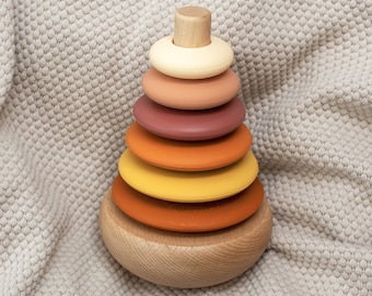 Juguete apilable de silicona y madera con forma de anillo mecedor (Atardecer)