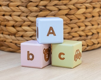 Blocs lettres ABC en bois de couleur personnalisée (lot de 3) / Blocs alphabet / Blocs images / Blocs lettres