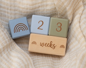 Wooden Baby Milestone Blocks with Scripted Font (Custom Colours) / Milestone Cards / Age Blocks / Month Blocks / Photo Blocks