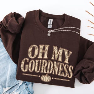 Peut inclure: Un sweat-shirt à col rond marron foncé avec le texte OH MY GOURDNESS en police beige clair, orné d'un motif de citrouilles à l'intérieur des lettres. Un petit motif de citrouille est centré sous le texte. Le sweat est associé à un jean bleu.