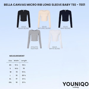 May include: A display of five long-sleeve baby tees in black, natural, navy, athletic heather, and white. The shirts are cropped and have a ribbed texture. Measurements are provided for sizes XS to 2XL, with widths ranging from 13.5 to 18 inches and lengths from 18.5 to 21.5 inches.