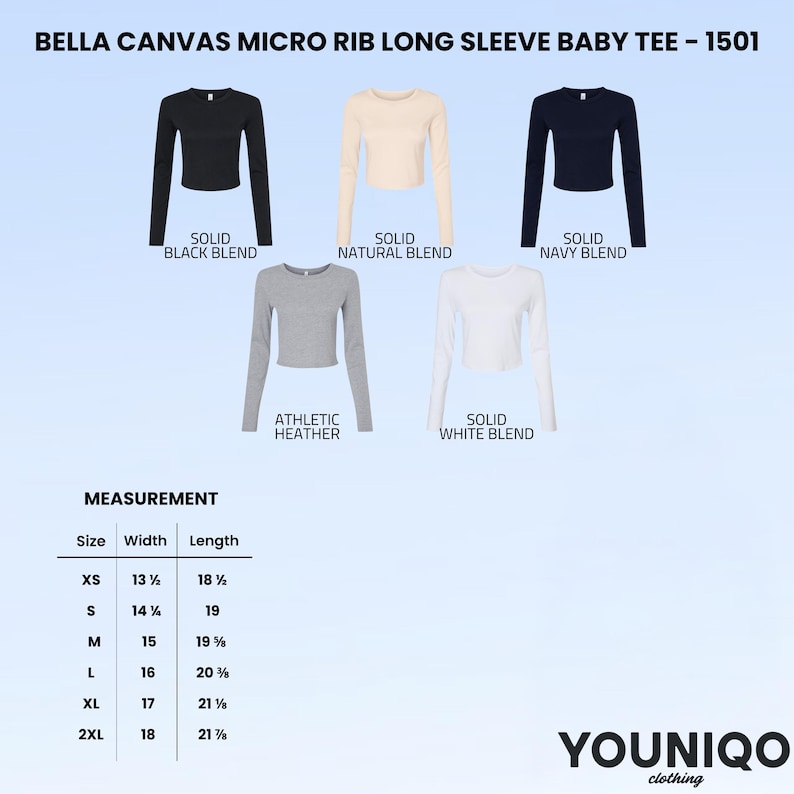 May include: A display of five long-sleeve baby tees in black, natural, navy, athletic heather, and white. The shirts are cropped and have a ribbed texture. Measurements are provided for sizes XS to 2XL, with widths ranging from 13.5 to 18 inches and lengths from 18.5 to 21.5 inches.