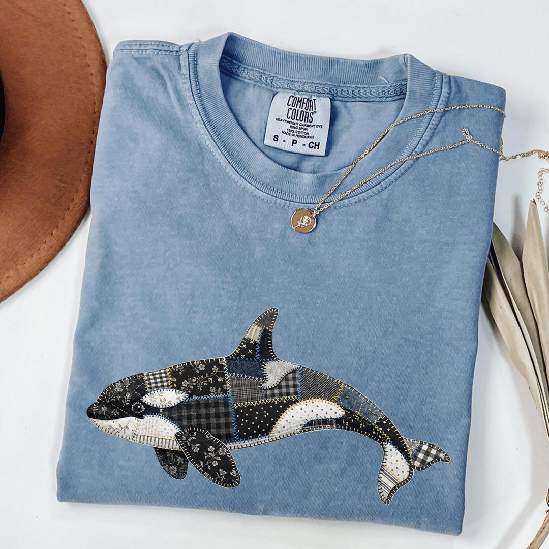 Comfort Colors Orca Shirt, Faux Patchwork Whale Tee, Aesthetic Sea Life ...