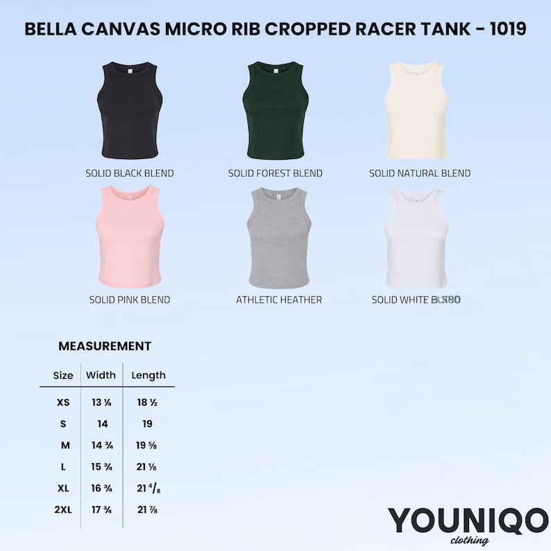 May include: A display of six Bella Canvas Micro Rib Cropped Racer Tanks in various colors: solid black, forest green, natural, pink, gray, and white. Measurements are provided for each size, with widths ranging from 13 3/4 to 17 inches and lengths from 18 1/2 to 21 1/2 inches.