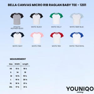 May include: A display of Bella Canvas Micro Rib Raglan Baby Tees in various color combinations, including white with black, navy, pink, red, and true royal sleeves. Measurements are provided in inches for sizes XS to 2XL.