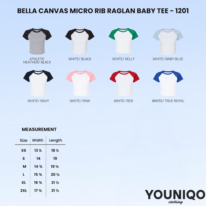May include: A display of Bella Canvas Micro Rib Raglan Baby Tees in various color combinations, including white with black, navy, pink, red, and true royal sleeves. Measurements are provided in inches for sizes XS to 2XL.