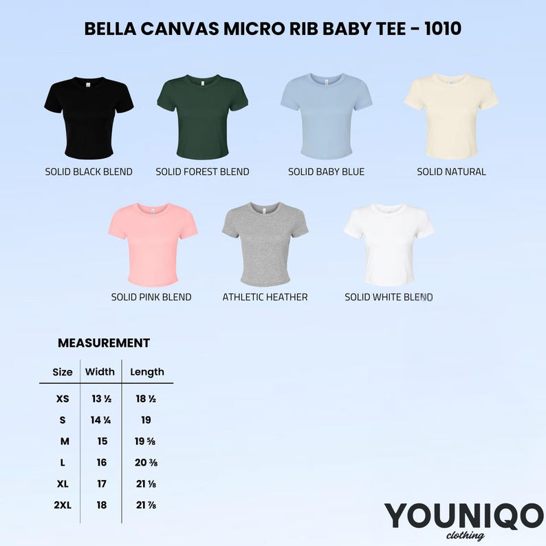 May include: A product image showcasing a variety of Bella Canvas Micro Rib Baby Tees in different colors: black, forest green, baby blue, natural, pink, gray, and white. Measurements are provided for sizes XS to 2XL, with widths ranging from 13 1/2 to 18 inches and lengths from 18 1/2 to 21 1/2 inches.
