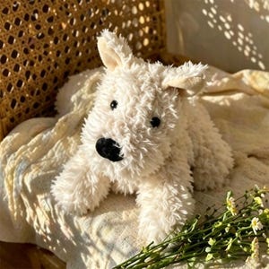 Puede incluir: Un juguete de peluche con forma de perro de color crema, con una textura esponjosa. El juguete tiene una nariz negra y ojos negros peque&ntilde;os. Est&aacute; tumbado sobre una manta color crema, con una silla de mimbre al fondo.
