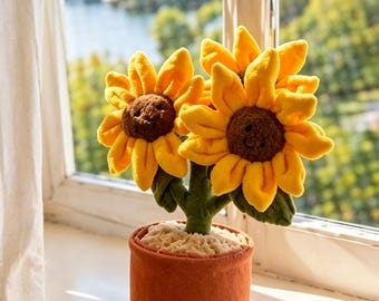 Pot de tournesol au crochet fait main, plante à fleurs artificielles pour toujours, cadeau unique pour elle, ornement de chambre joyeux, décoration d'intérieur positive