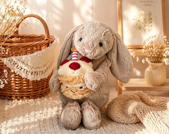 Peluche de conejo de cumpleaños JellyCat, peluche de conejo con forma de pastel, juguete suave Kawaii, regalo para niños, regalo para baby shower, decoración de guardería, muñeco de peluche reconfortante