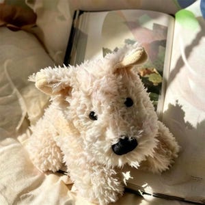 Puede incluir: Un peluche de perro de color crema, con una textura suave. El juguete tiene ojos negros y una nariz negra. El perro est&aacute; tumbado sobre una superficie suave y clara, con un libro abierto en el fondo.