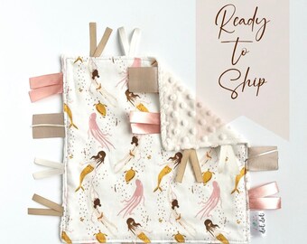 Mermaids - Baby girl lovey tag sensory security blanket toy blush tan rust nude mustard yellow ivory mermaid minky monogrammed personalized