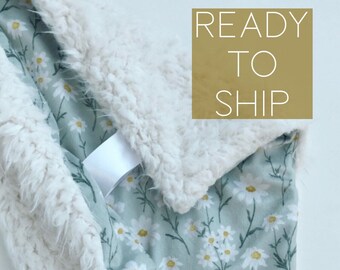 Ready to Ship - LOVEY - Sage Daisies - Baby girl security minky blanket ivory blush mustard gold Daisy dreams floral modern boho