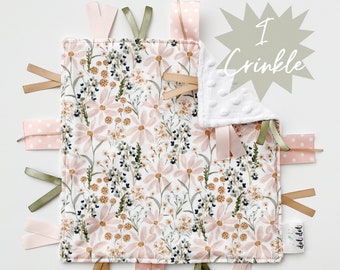 Wildflower - Baby girl lovey tag sensory security blanket toy pink minky personalized embroidered boho watercolor floral blush daisy dream