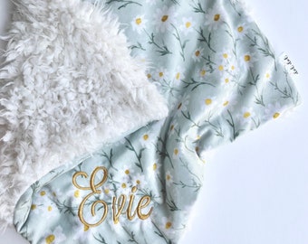 LOVEY - Sage Daisies - Baby girl security minky blanket ivory blush mustard gold Daisy dreams floral modern boho personalized daisies