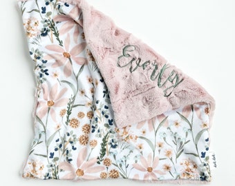 LOVEY - Wildflower - Baby girl security minky blanket ivory blush mustard pink gold Daisy dreams floral modern boho personalized daisies
