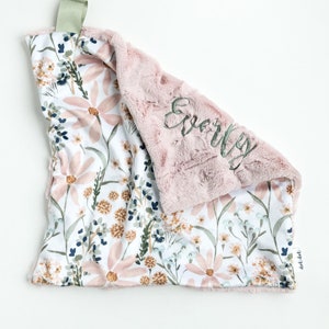 LOVEY - Wildflower - Baby girl security minky blanket - blush pink gold sage green watercolor flowers daisy dreams personalized embroidered