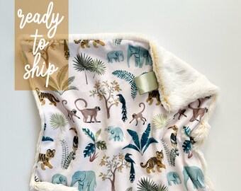LOVEY - Jungle Friends - Baby Boy Girl Unisex Gender Neutral - minky security blanket - monkey elephant birds tiger - personalized