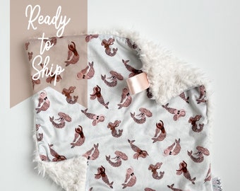 LOVEY - Mermaids - Baby girl security double minky blanket tan floral flowers boho modern ready to ship rts