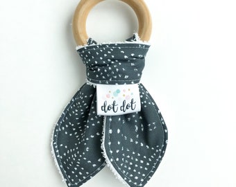 Boho Dots - Baby Boy Teething Ring Toy - Cotton Terry Cloth Washable Maple Wood Wooden Modern navy gray white boho