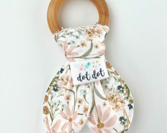 Wildflower - Baby Girl Teething Ring Toy - minky Terry Cloth Washable Maple Wood Wooden Teether pink blush mustard white daisy dreams boho
